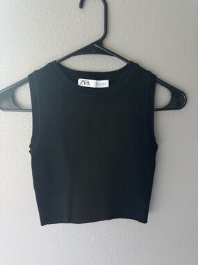 ZARA Black Ribbed Crewneck Crop Tank